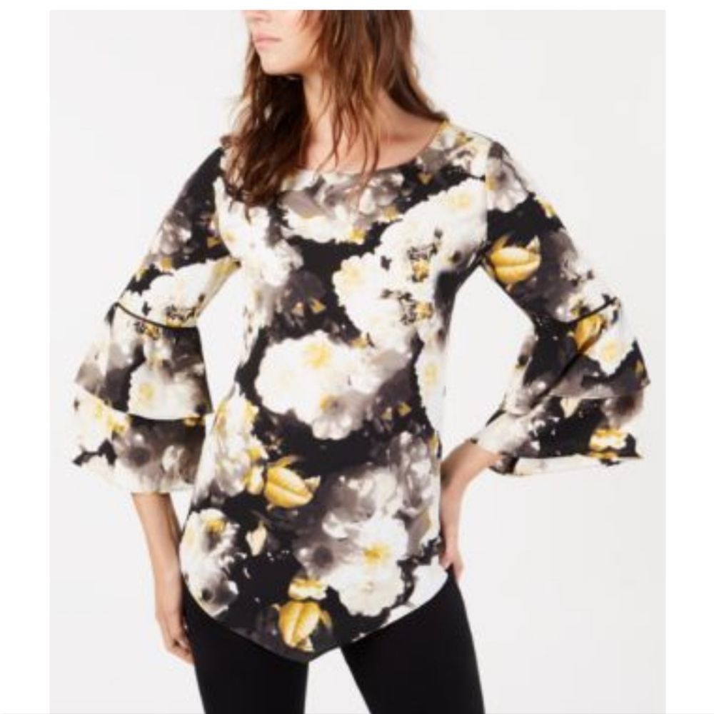 Alfani Womens Black Yellow Floral Print Blouse Sz XL